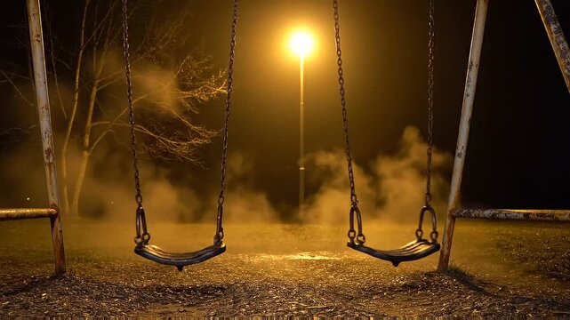 Eerie empty swingset hanging motionless in thick mysterious fog illuminated by a warm yellow streetlight at night.