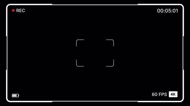 Minimal camera screen recording overlay modern HUD with rec indicator, timecode, battery icon, status resolution, fps display and central focus bracket on black background for vlogging and streaming