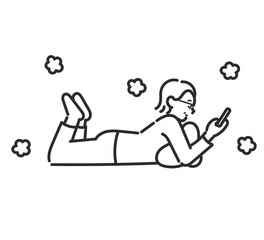 心地よい床暖房で寛ぐ40代女性のイラスト　線画のみ