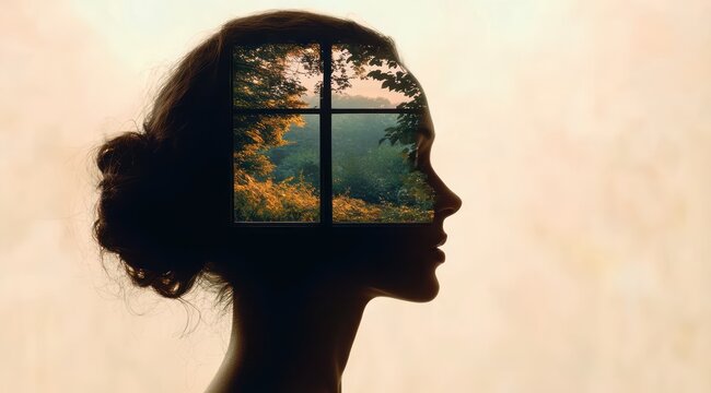 Silhouette profile of a woman with a window-filled head showing sunlit forest and golden trees, evoking calm introspection and serene daydream