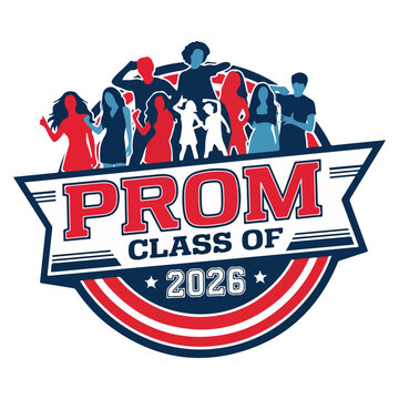 Prom Class of 2026 Celebration Logo with Student Silhouettes in Red and Blue Colors