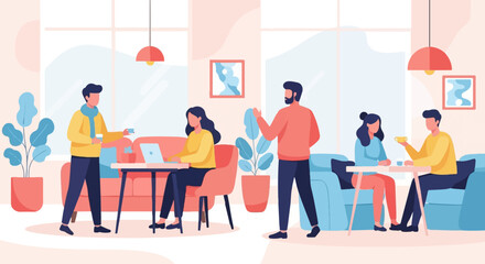 Diverse people interact in a modern, cozy indoor setting