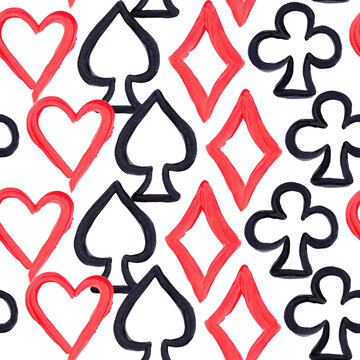 Seamless pattern with vertical stripes of hand-painted card suits on white background.