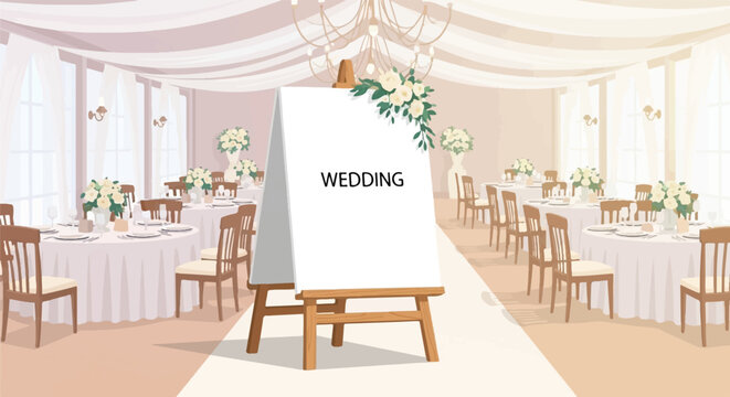 Elegant wedding reception hall with floral decorations and tables set