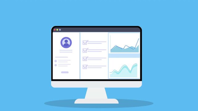 Desktop monitor displaying business analytics dashboard with charts, statistics, and performance reports, representing data visualization, monitoring, and management interface.
