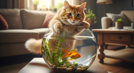 Ginger cat curious about goldfish in a glass fishbowl on a table