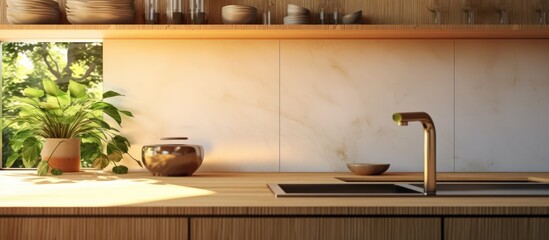 Modern Kitchen Countertop with Sink and Faucet bathed in Warm Sunlight.