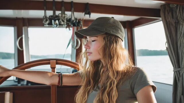 Young woman with freckles wearing a cap at the helm of a boat looking out to sea