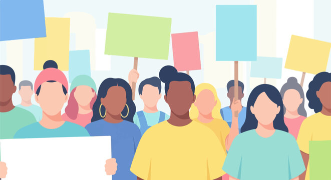 Diverse group of people holding blank signs in a protest demonstration