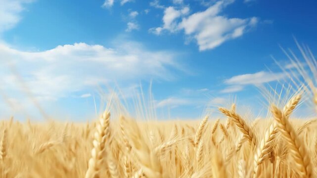 A low-angle video shot of a golden wheat field under a vibrant blue sky with fluffy clouds, capturing the essence of a sunny, serene rural landscape. Live desktop wallpaper.