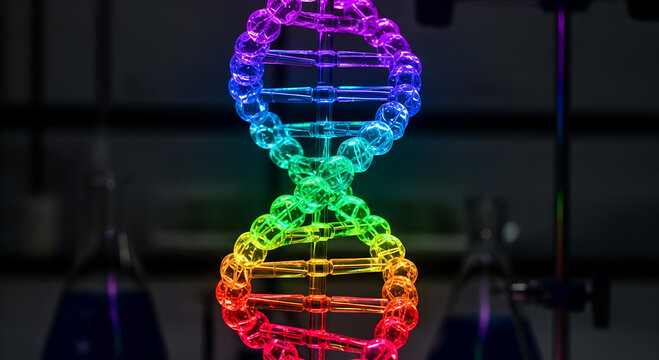 Colorful DNA double helix model illuminated with vibrant rainbow lights in a laboratory setting.
