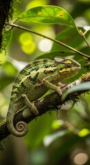 Green chameleon perched on a branch surrounded by lush vegetation in sunlight