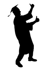 Graduate student silhouette showing two thumbs up, celebrating academic achievement. Vector illustration