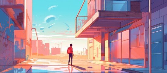 A lone figure stands in a futuristic, colorful cityscape with flying objects in the sky.