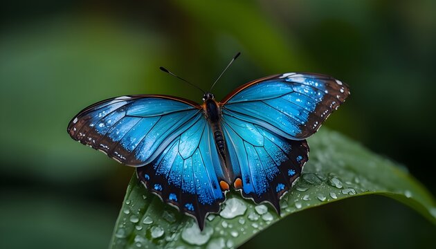 Close-up macro shot of a vibrant blue morpho butterfly resting on a dew-covered green leaf, incredible detail on wing scales