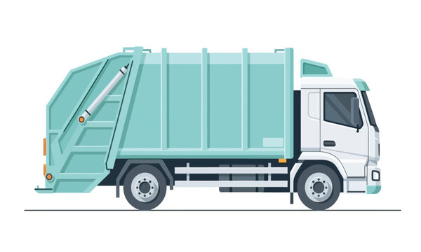 A clean, flat vector illustration of a modern garbage truck. The vehicle is colored in white and light mint green. It features a large rear-loading compactor and a detailed driver's cabin, representin