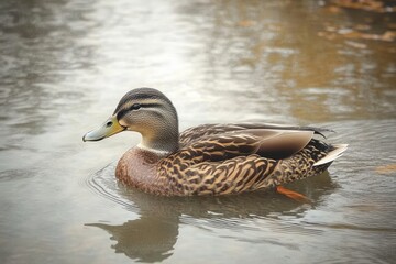 Fototapeta premium serene brown duck floating on calm reflective water with soft autumn tones