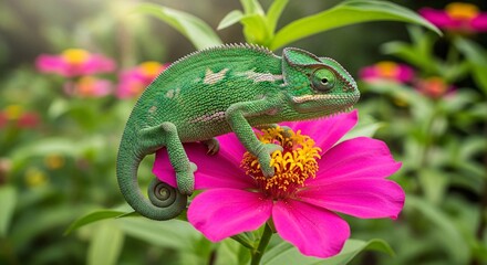 Green chameleon perched on a vibrant pink flower with soft focus background