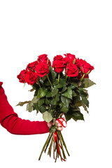 booker of red roses in a vase on a table on a light background
