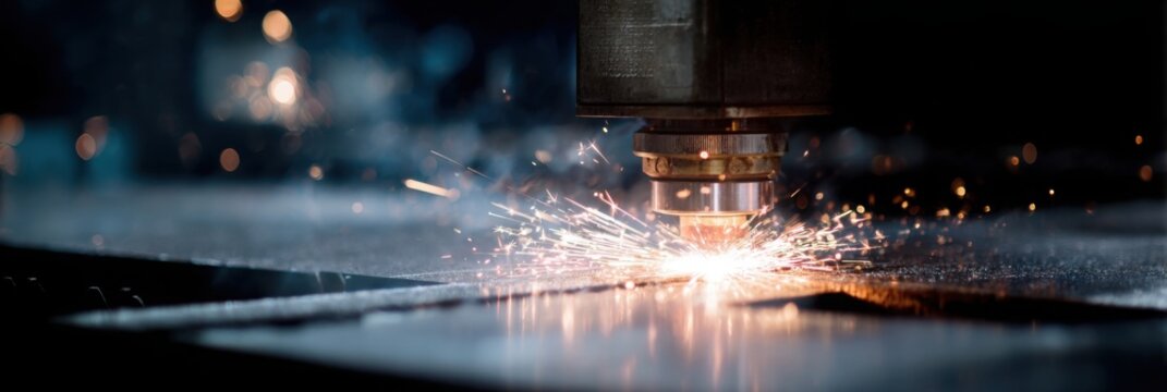 Close up of CNC laser cutting machine shaping metal sheet with sparks in modern factory Industrial