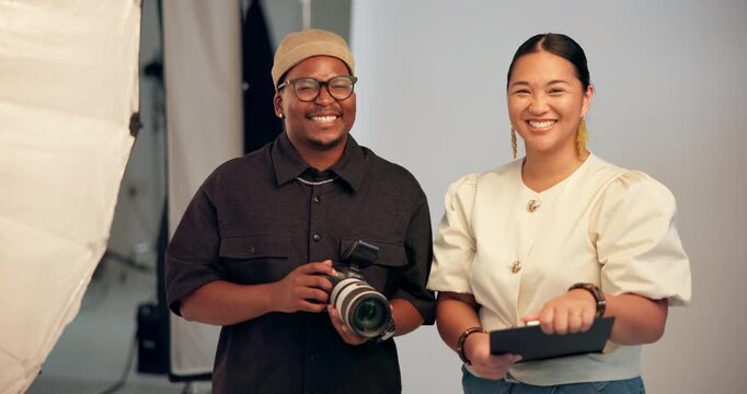 Camera, creative and face of director with photographer in studio for collaboration or shoot. Art, photography or production with man and woman on set together for bts teamwork or catalog session