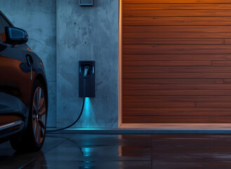 A luxurious electric vehicle charging station integrated into modern concrete and wood architecture at a private residence during twilight.