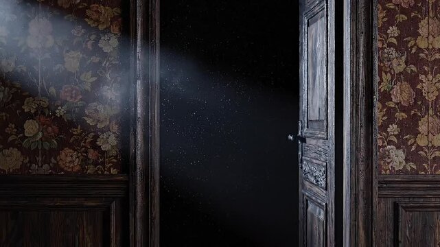 Creepy dark ornate wooden door slowly opens into an ominous black room with dusty light rays.