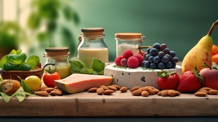 Assortment of Fresh Fruits, Nuts, and Dairy Products on a Wooden Board.