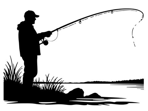 Ein Angler beim Auswerfen der Rute als geschlossene Silhouette. Perfekt f&uuml;r Outdoor-, Hobby- oder Vereinsgravuren.ki Generiert