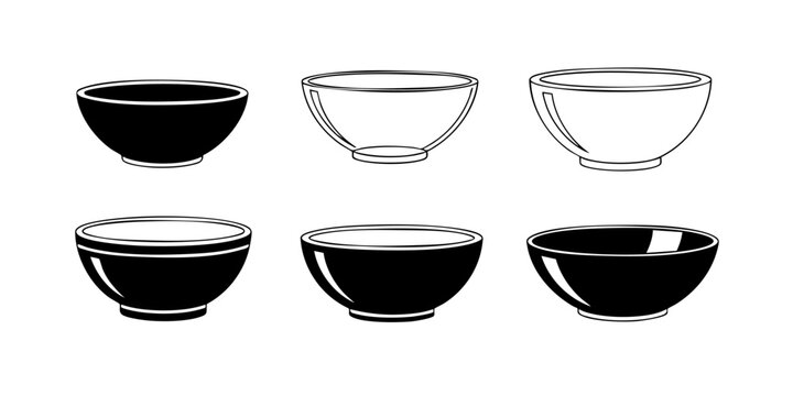 Collection of bowls in various styles and materials on a plain background viewed from the front