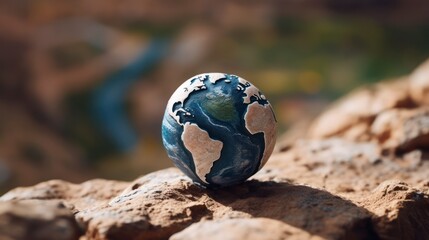 Miniature Globe Resting on Textured Rocks in Natural Sunlight.