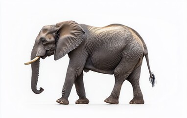 Fototapeta premium majestic african elephant walking in profile with lowered trunk, visible tusks, wrinkled skin, large ears and tail tuft on white background, calm and serene