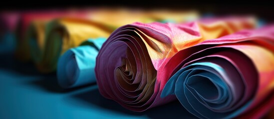 Close-up of colorful rolled fabrics in a row, showcasing vibrant hues and textures.