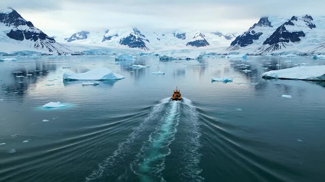 An orange boat sails through icy waters, leaving a wake, with snowy mountains in the background