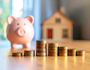 Piggy bank beside stacked coins, small house model, financial planning, investment, savings, and home ownership concept