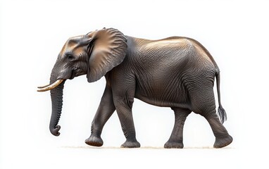Obraz premium majestic african elephant walking calmly with lowered trunk and visible tusks, wrinkled gray skin and large ears on a clean white background