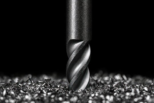 Macro close-up of a spiral end mill surrounded by metal shavings on a black background, conveying cold industrial precision and focused mechanical intensity