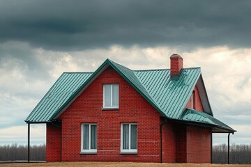 solitary red brick house with green metal roof and chimney under heavy cloudy sky, quiet rural landscape with bare trees, moody and serene atmosphere