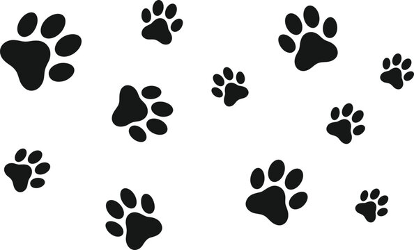 Animal paw prints vector illustration, scattered black footprints design, pet tracking symbol, wildlife emblem, playful pattern, nature inspired artwork