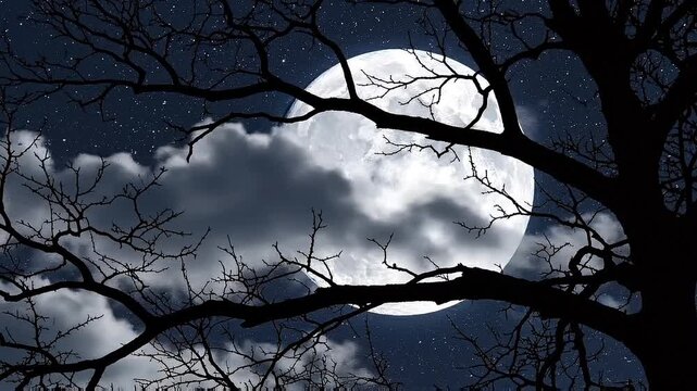 Dramatic full moon silhouetted by dark leafless tree branches against a cloudy starry night sky.