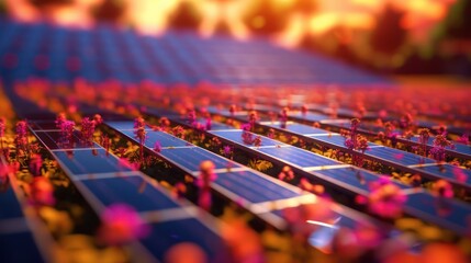 Futuristic Solar Panel Farm with Vibrant Orange and Blue Hues.