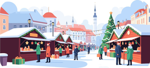 Fototapeta premium Festive winter market with decorated stalls, shoppers, and a Christmas tree