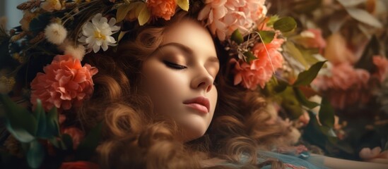 Beautiful woman with closed eyes surrounded by vibrant flowers and lush foliage.