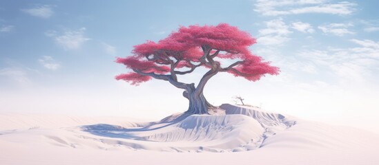 A serene landscape featuring a vibrant pink-leafed tree on a small island under a cloudy sky.