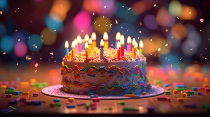 Festive Birthday Cake with Lit Candles and Bokeh Lights.