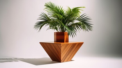 A Lush Green Palm Plant in a Modern Wooden Pot on a Geometric Stand.