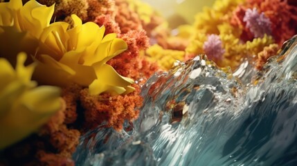 Vibrant Yellow and Orange Flowers Submerged in Crystal Clear Water.