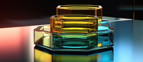 Abstract Colorful Hexagonal Glass Objects Reflecting Light on a Dark Background.