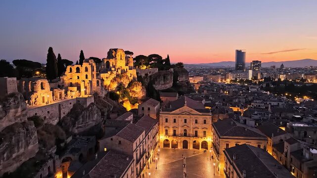 Evening cityscape with ancient ruins