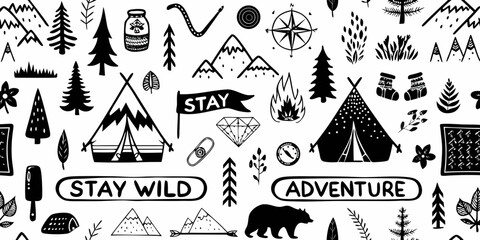 Black and white pattern featuring camping and wilderness themed illustrations © Raben